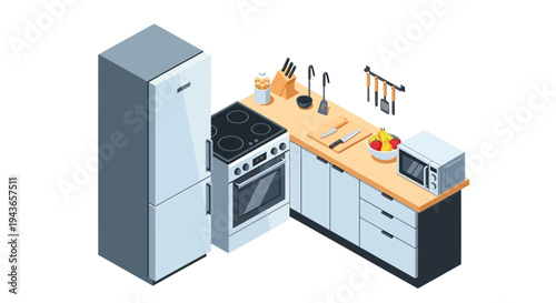 Isometric Modern Kitchen Setup with Refrigerator, Stove, and Sink on Isolated White Background