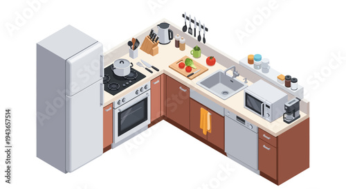 Modern Isometric Kitchen Interior Design with Appliances and Cabinets on Isolated White Background