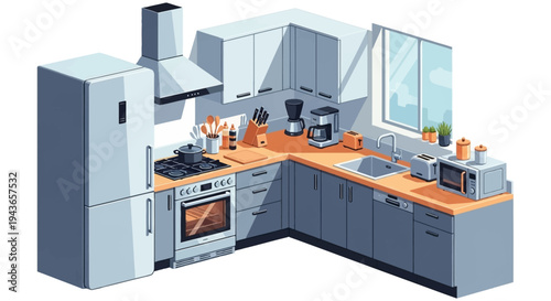 Sleek Modern L-Shaped Kitchen Interior with Light Grey Cabinets, Wooden Countertop, Refrigerator, and Appliances, in a contemporary home.