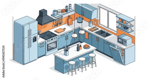 Isometric View of a Stylish Modern Kitchen with Blue Cabinets, Kitchen Island, Bar Stools, Refrigerator, and Appliances, in a spacious home.