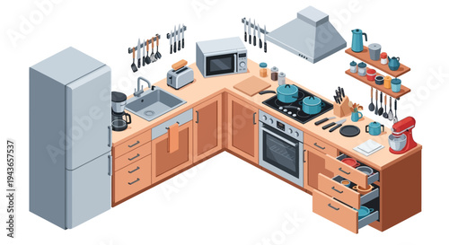 Isometric View of a Modern L-Shaped Kitchen with Refrigerator, Oven, Sink, Mixer, and Cookware, in a contemporary home.