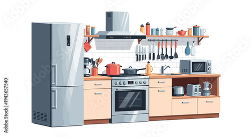 Well-Equipped Modern Kitchen Interior with Refrigerator, Stove, Hood, Cabinets, and Countertop, in a home setting.