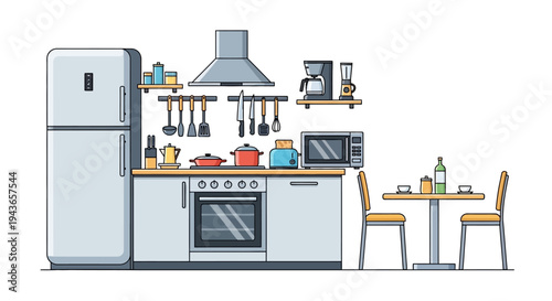 Modern Minimalist Kitchen Interior with Refrigerator, Stove, Microwave, and Dining Table, in a home setting.