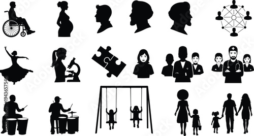 Human silhouette collage, professions, family, healthcare, science, art, community, diversity, childhood, relationships, dancer, doctor, children, puzzle, wheelchair