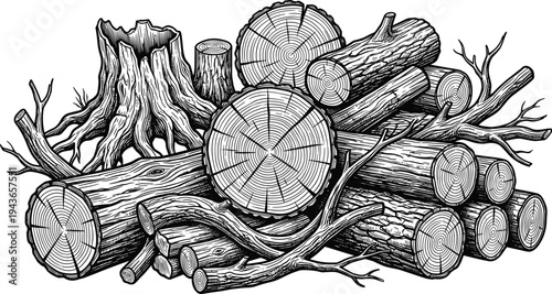 A pile of freshly cut lumber and wood logs, showcasing the raw beauty of nature's resources in a rustic setting