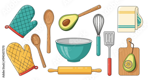 Baking and Cooking Utensils with Fresh Avocados, Oven Mitts, and Kitchen Towel, arranged on isolated white background.