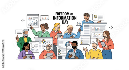 Illustration of diverse people celebrating Freedom of Information Day with documents and digital devices