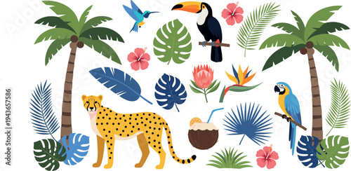 Tropical Jungle Animals and Plants Collection with Leopard, Toucan, Parrot, Palm Trees, Exotic Flowers and Leaves Colorful Wildlife Vector Set