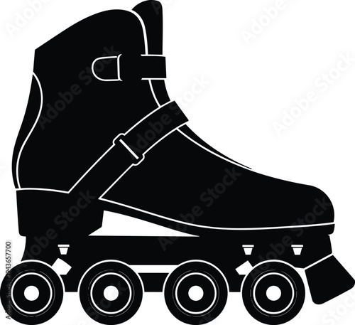 Inline skate silhouette, rollerblade, high ankle boot, four wheels, brake pad, recreational skating, fitness activity, sport, design, black illustration