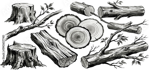 Collection of realistic illustrations of various tree stumps, logs, and branches, showcasing natural wood textures and organic forms