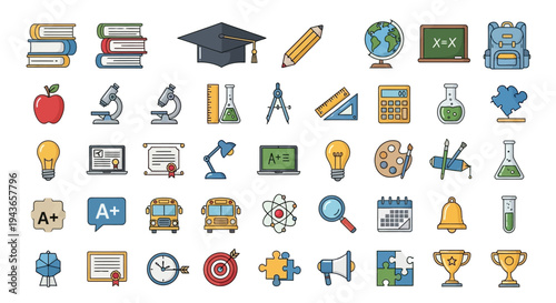 Colorful education icons including books globe and graduation cap silhouette on transparent background