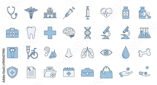 Collection of medical icons representing healthcare on transparent background silhouette