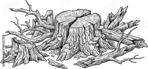 A detailed black and white illustration of a weathered tree stump surrounded by various fallen branches and logs, creating a rustic natural scene
