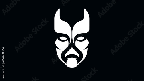 Stylized White Mask with Horns and Intense Eyes on Black.