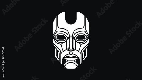 Stylized White Mask with Intricate Geometric Lines on Black Background.