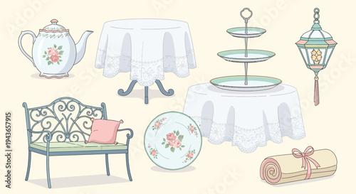 Elegant Dining Table Setup Vector Illustration with Tablecloth and Serving Stand, Event Catering and Restaurant Interior Concept