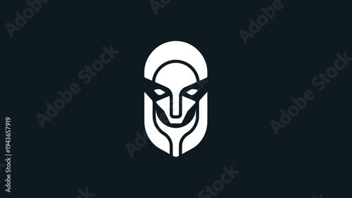 Stylized White Masked Face with Intense Eyes on Dark Background.