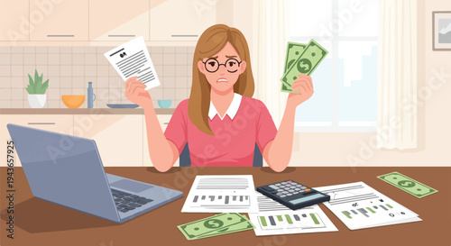 Stressed woman managing household finances at a desk with documents and money, illustrating the challenging process of budgeting, debt management, and personal financial planning