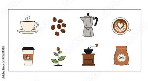 Coffee elements collection including a moka pot and beans on transparent background silhouette