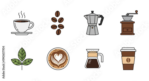 Coffee brewing equipment and beans colorful icons on transparent background silhouette