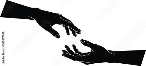 Helping hands silhouette illustration, human support and assistance concept, reaching hands symbol isolated on white background for charity care connection teamwork design