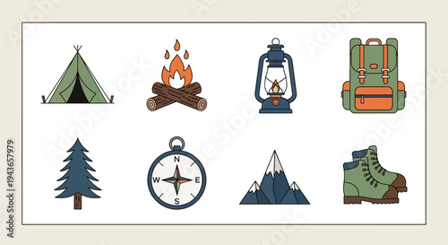 Camping icons set including tent fire and backpack silhouette on transparent background