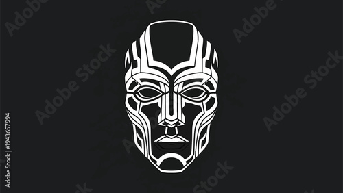 Stylized White Mask with Intricate Geometric Patterns on Black.