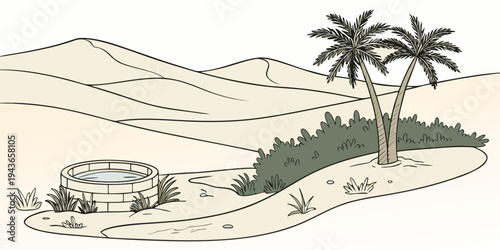 A serene desert oasis with a small pool and palm trees standing tall amidst sandy dunes and greenery