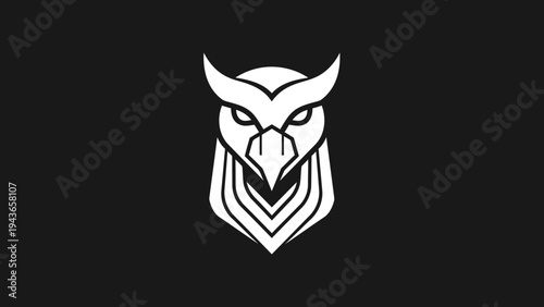 Stylized White Owl Head Emblem on Black Background.