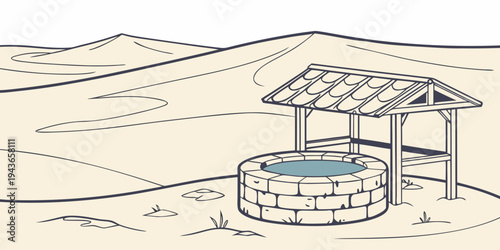 A well with a wooden roof in a desert landscape with sandy dunes and sparse vegetation