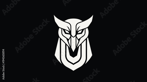Stylized White Owl Head Emblem on Black Background.