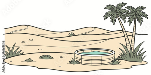 A cartoon illustration of a small pool in the middle of a desert with palm trees and sand dunes