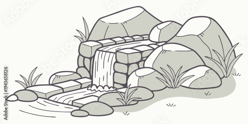 A serene illustration of a small waterfall cascading over rocks and stones with lush greenery