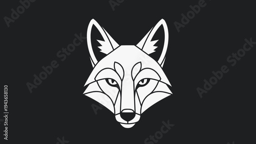 Stylized White Fox Head Geometric Design on Black Background.