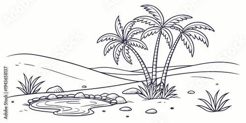 A serene tropical landscape with palm trees and a small pond