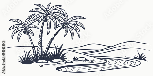Black and white illustration of palm trees on a sandy beach with a winding stream