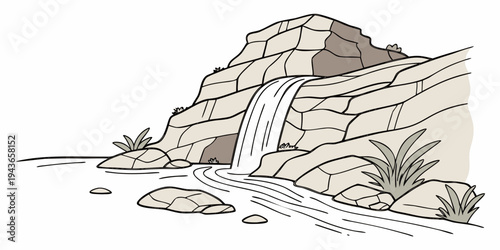 A serene illustration of a small waterfall cascading down a rocky cliffside surrounded by lush greenery
