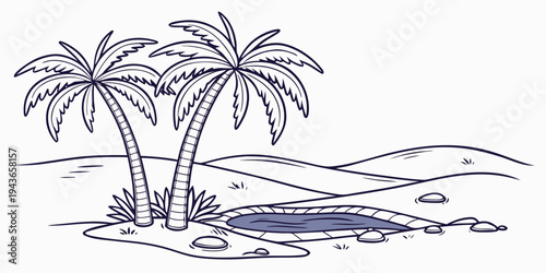 A serene beach scene with two palm trees standing tall on sandy shore with a small pool and rocks scattered around