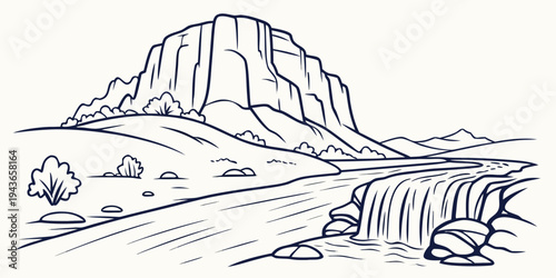 A serene landscape illustration featuring a majestic mountain and waterfall scene with a simple line drawing style