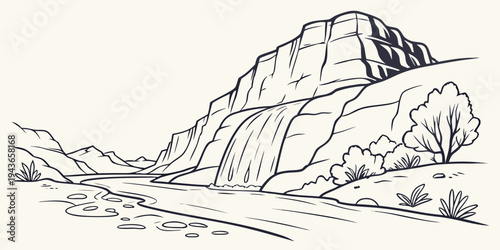 A black and white line drawing of a mountain landscape with a river and trees on a beige background