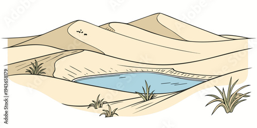 A serene desert oasis with a tranquil pool of water surrounded by sandy dunes and palm trees