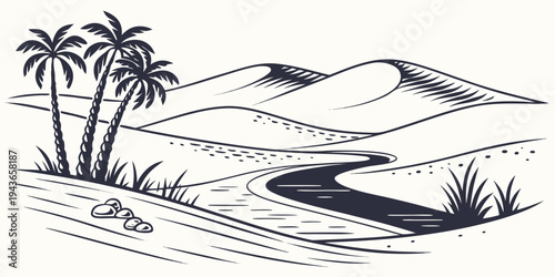 Obraz na płótnie A black and white illustration of a serene desert landscape with a winding road