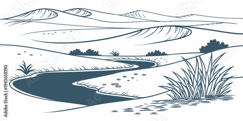 A blue and white drawing of a river running through a desert landscape with hills and plants