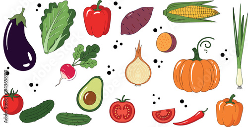 Fresh Vegetables Collection with Eggplant, Tomato, Avocado, Pumpkin, Corn, Pepper, Onion, Cucumber and Leafy Greens Cartoon Food Vector Set