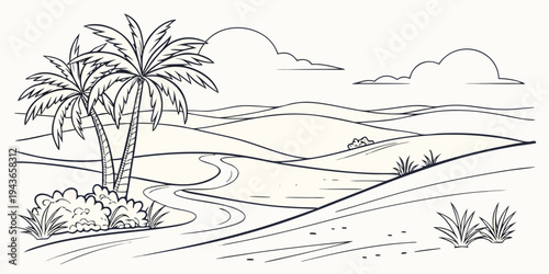 A serene desert landscape with palm trees and rolling sand dunes under a cloudy sky