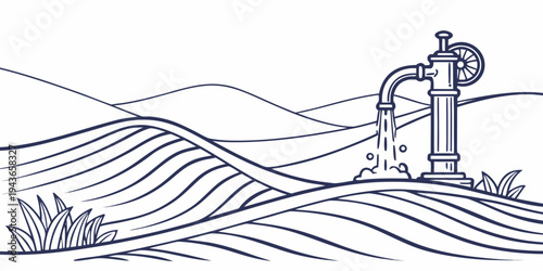 A black and white line drawing of an old fashioned water pump on rolling hills with grass