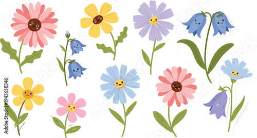 Cute cartoon kawaii flowers collection with smiling faces, colorful playful floral characters for kids design vector illustration set