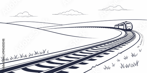 A black and white illustration of a train traveling on a curved railroad track through a rural landscape with hills and clouds in the background
