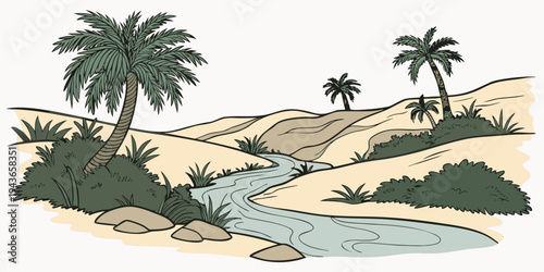 A serene desert oasis landscape with a winding river and palm trees on sandy dunes