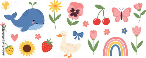 Cute Spring Nature Elements Collection with Whale, Duckling, Flowers, Butterfly, Rainbow, Fruits and Garden Plants Cartoon Vector Illustration Set